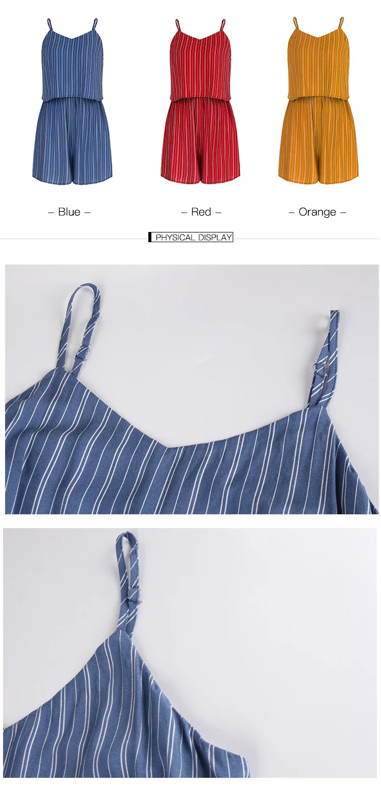 Designer model hot sale item Summer sweet style stripe adjustable spaghetti strap  short Jumpsuits