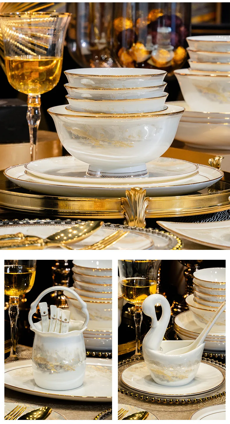 Luxury Gold Rim Tableware Under Glaze Artistic Landscape Pattern Bone