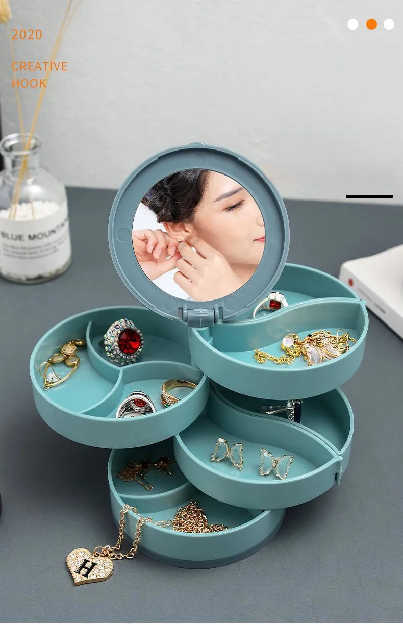 Multifunction 360 Degree Rotating 4 Layers Storage Box Portable Jewelry Storage Organizer Case with Mirror Jewelry Boxes