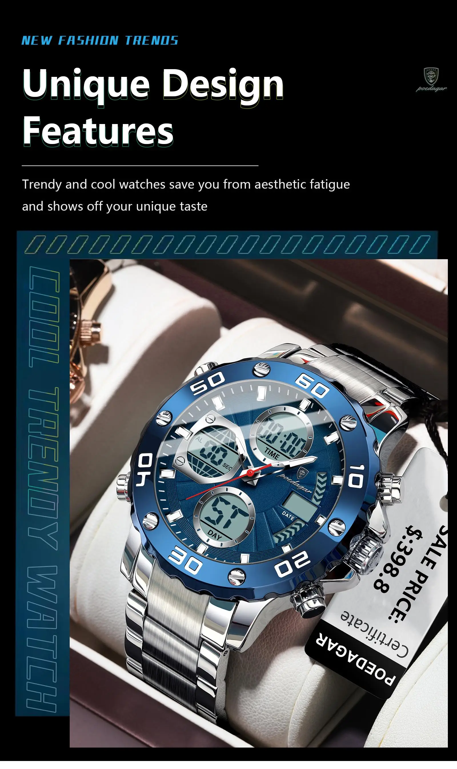 POEDAGAR E102 New Men Fashion Digital Quartz Movement Men Electronic Watches Led Dual  Display Luminous Stainless Watch for Male