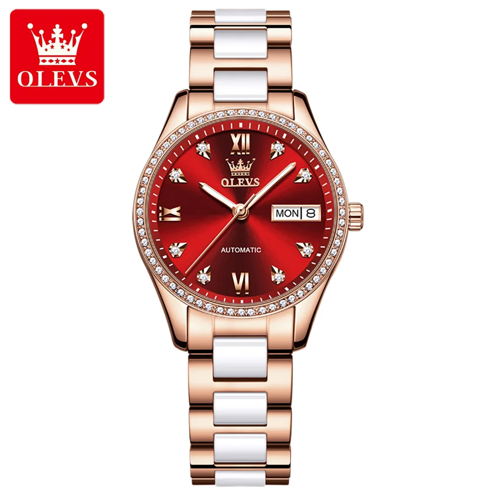 Olevs 6637Manufacturer Ladies Watch Rose Gold Automatic Mechanical Ceramic Luxury China Women Glass Alloy Alarm Charm Round 20cm