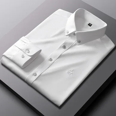 Ice Silk Long-Sleeved Shirt Men's Thin Business Casual High-End Sense Of Bamboo Fiber Anti-Wrinkle Non-Iron Silky