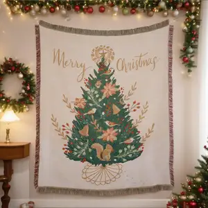 Factory Direct Cotton Art Deco Christmas Tree Pattern High Quality Thick Woven Tapestry Throw Blanket Tassels for Camping
