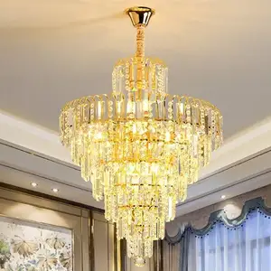 Home Decoration Led Modern K9 Crystal Pendant Light Fixture Golden Chandelier for Living Room Dining Room