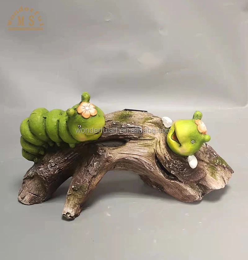 OEM 3D Frost Resin Animal Frog Statue Solar Frog Figurine Cute Small Statue Ceramic Garden Ornament Inchworm with Led Light