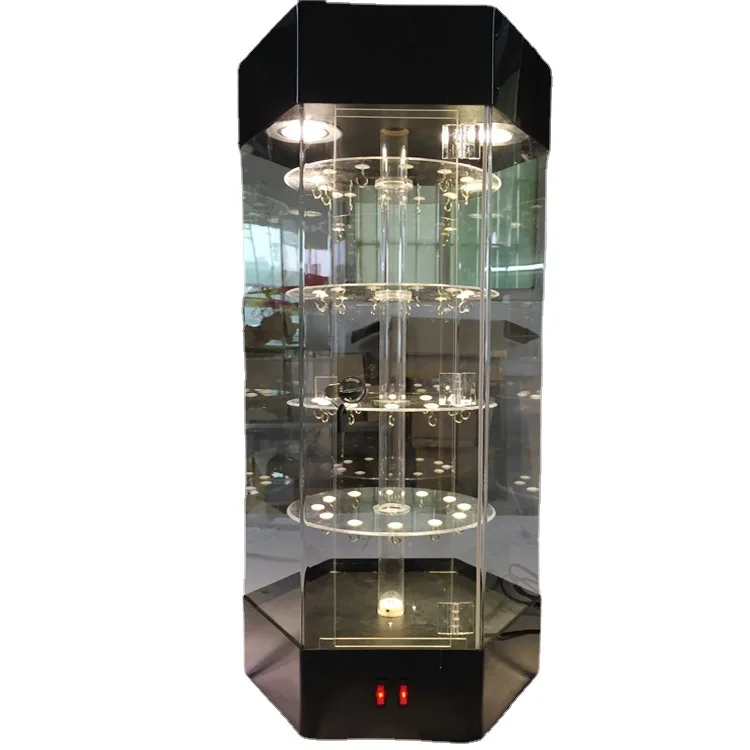 Factory Wholesale Hexagonal Rotating Acrylic Display Cabinet with Round Tiered Shelves,top LED Light System and Lockable Door