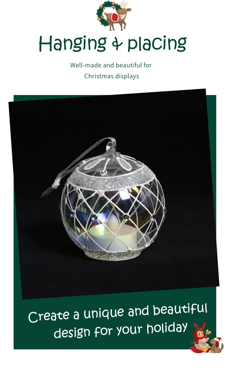 Custom 8cm Christmas Tree Glass Hanging Ball Safety Electrical Candle Lighted Up New Year Home Decorative Luxurious Pendant supplier