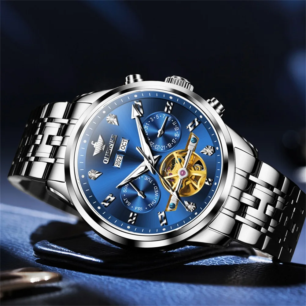 OUPINKE 3248 reloj mecánico de lujo popular para hombre correa de acero  original esqueleto luminoso automático reloj de pulsera de negocios conciso