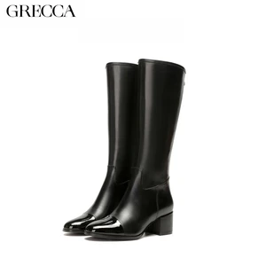 Women's Western Knee-High Genuine Leather Boots Patent Matte Leather Splicing Pointed Toe Chunky Heel Stylish Comfortable Daily