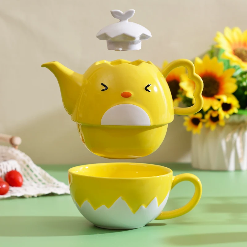 Ceramic Factory Custom Logo Cut Little Chicken Teapot and Cup Set Stoneware Coffee Pot Cup Set Tea for One Teapot Set