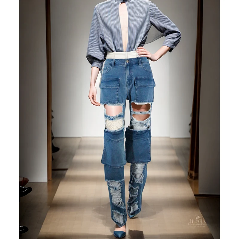 Fashion Pocket Stitching Hollowed-Out Hole Beggar Style Street Casual Straight High Waist Jeans