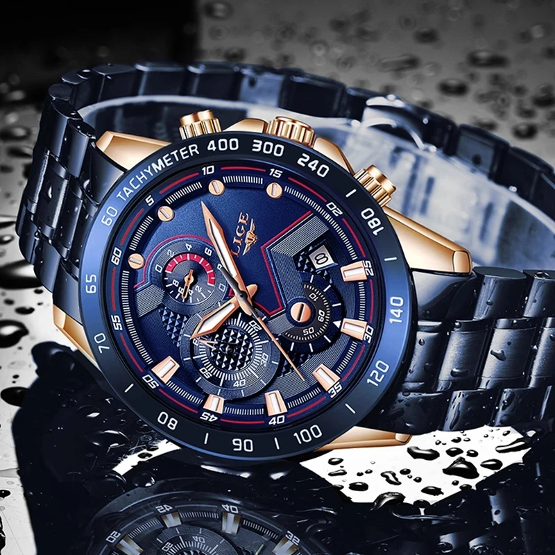 Lige 9982 Luxury Brand Mens Quartz Watch - Stainless Steel Chronograph