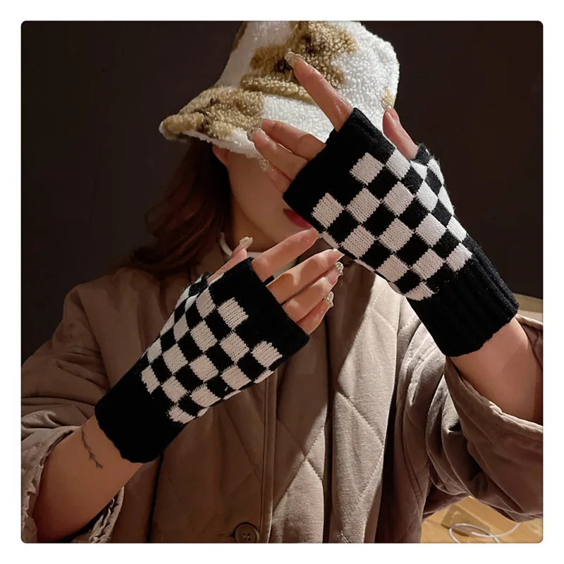 Осенне-зимние теплые перчатки с открытыми пальцами вязаные черно-белые жаккардовые эластичные шерстяные без пальцев для рук