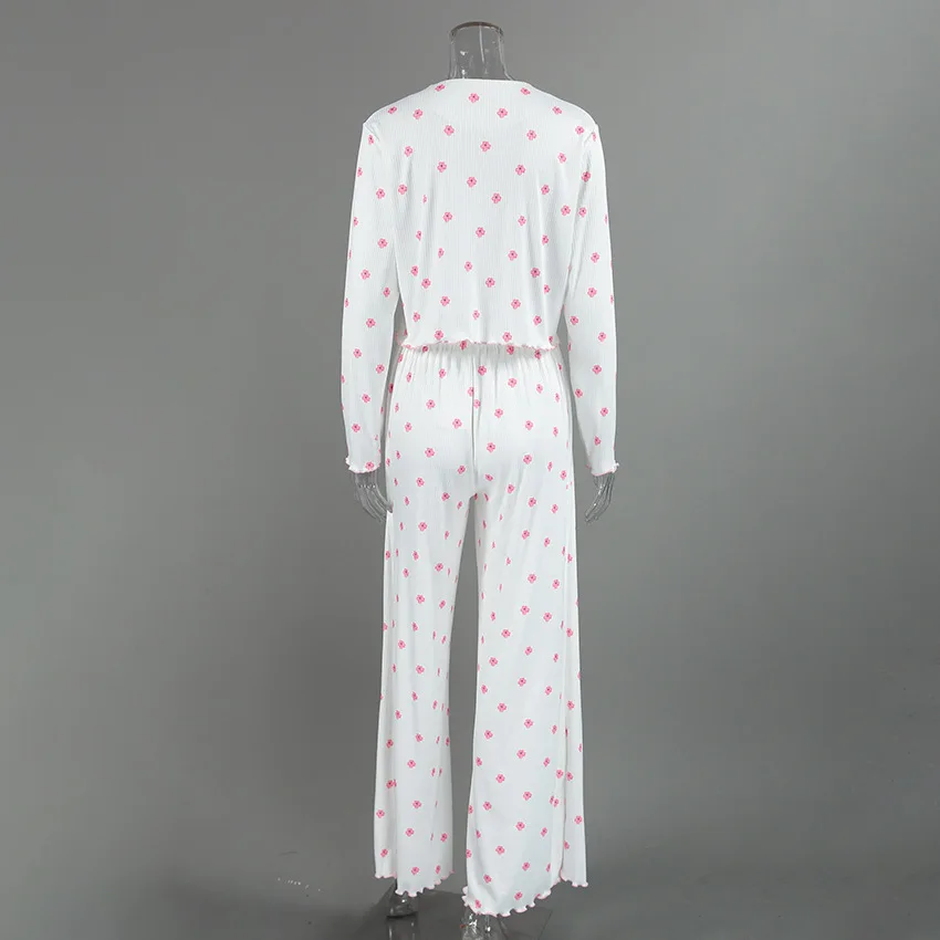 New autumn pajamas ladies' homewear long-sleeve trousers knitted printed comfortable cardigan — detail
