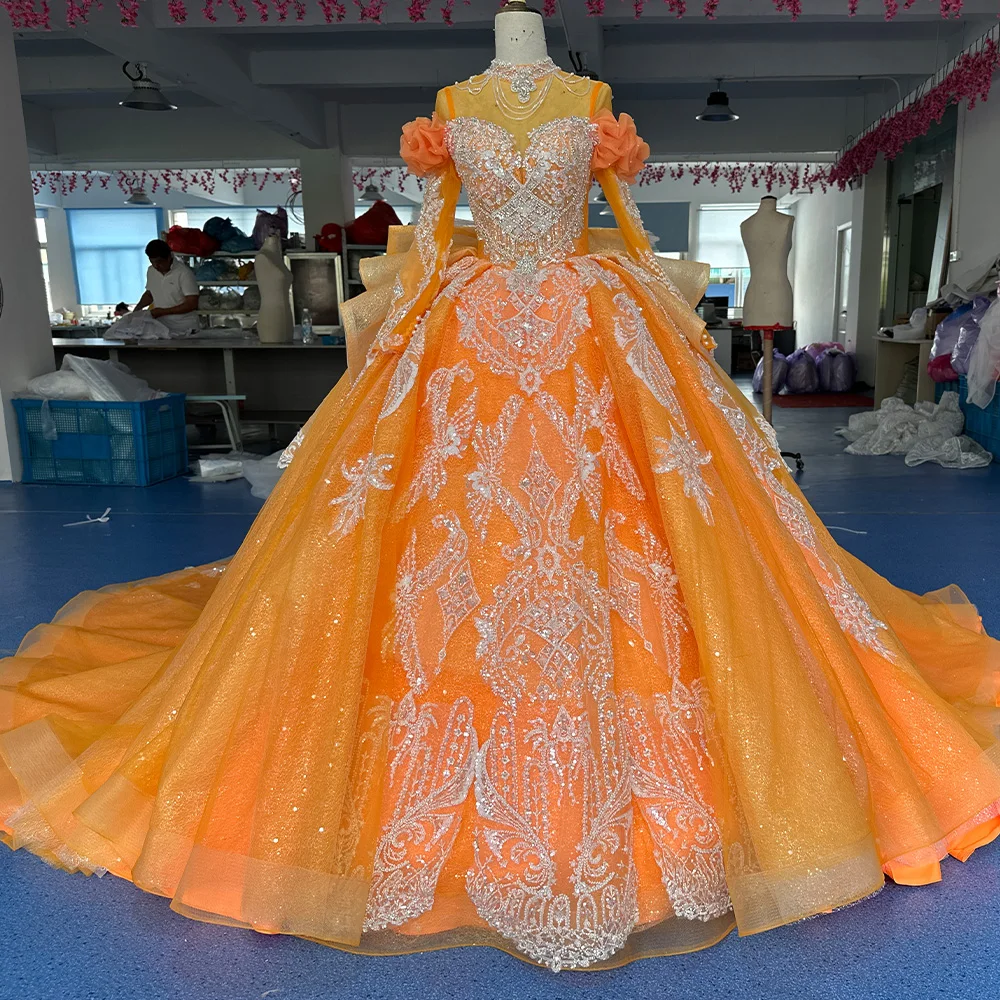 Chic Orange Long Sleeve Sequin Ball Gown Party Dress Oem