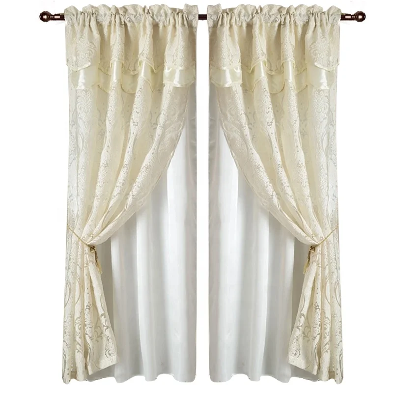 Two Layer Ready Cheap New Style Living Room Beige White Blue Jacquard Embroidery Curtain Designs Sheer Rod Pocket Window Curtain