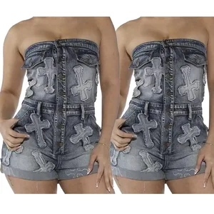 JY F88565 Hot Sale New Women's Denim Rompers Strapless Jumpsuit Embroidered Sleeveless Slim Short Jeans Plus Size Bodysuit