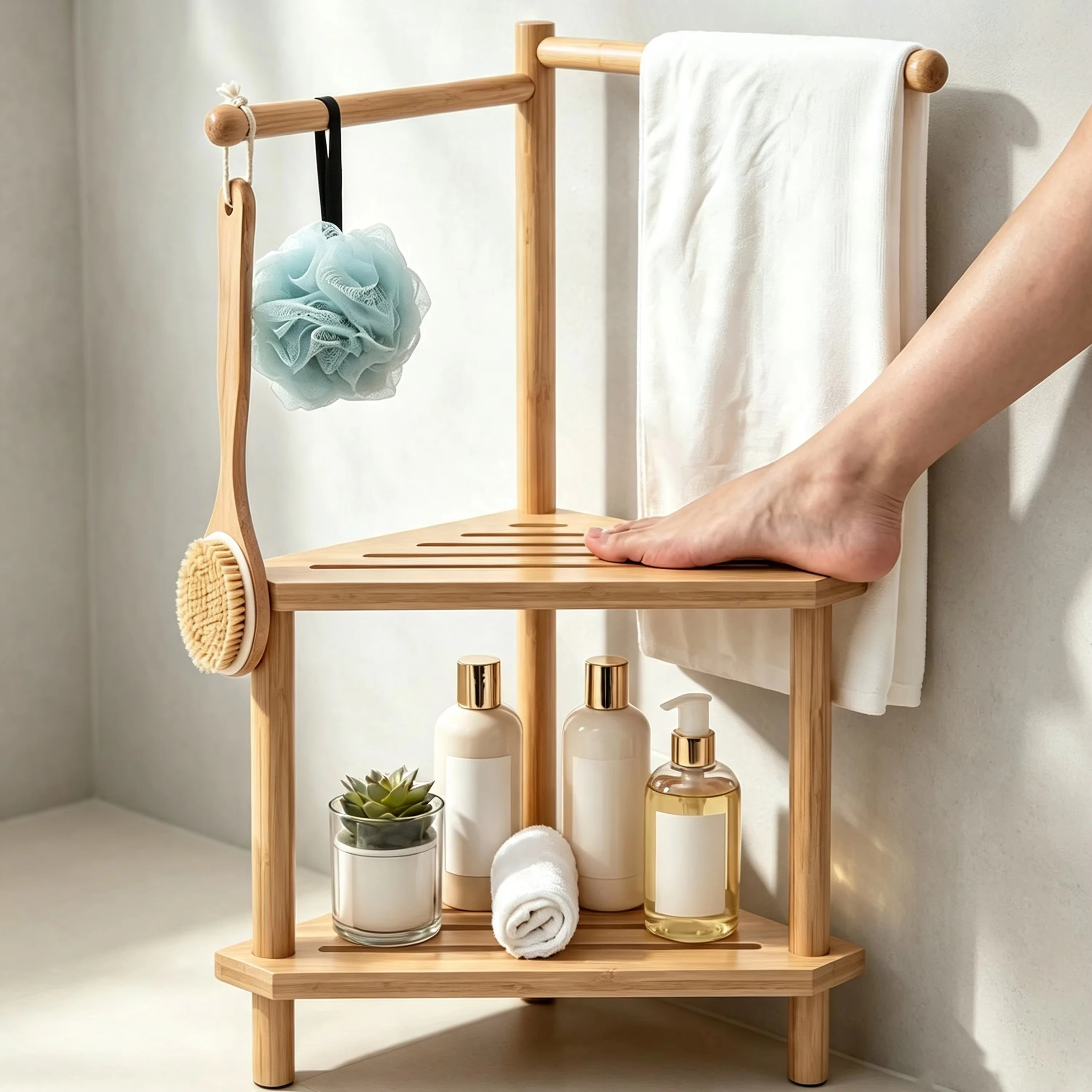 product 2 tier bamboo with towel bar shower bench with towel rack corner shower stool for bathroom storage organizer for shower-2