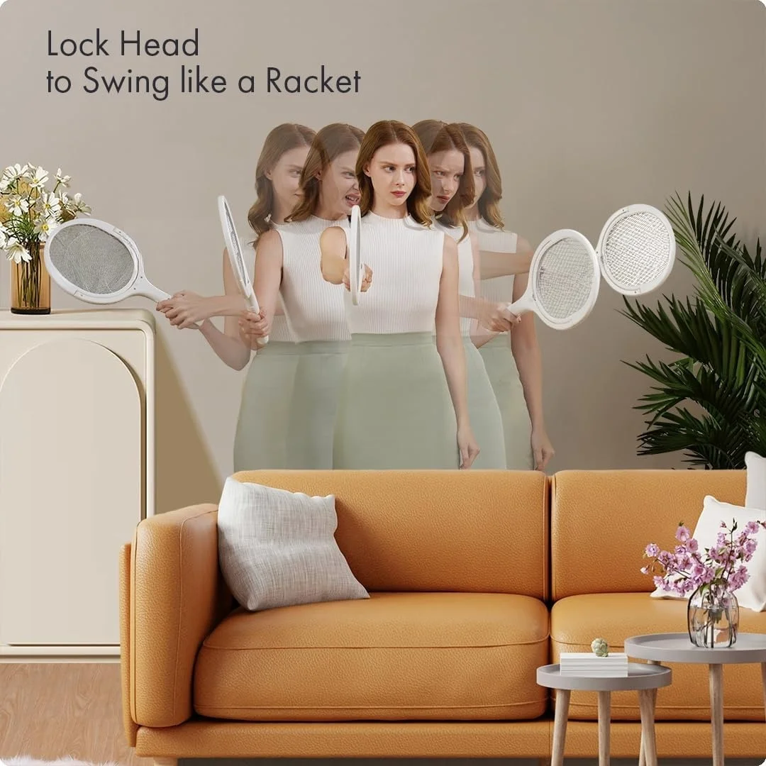 Multi-Function Rotating Head Electric Fly Swatter Racket Rechargeable Bug Zapper Racket with a Telescopic Extension for Indoors