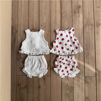 Korean Style Summer Baby Girl Outfit Casual Cotton Soft Lace Trim Strawberry Vest with Big P Shorts Solid Color Bow Pattern