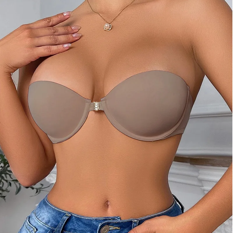 boob support for backless dress Women's Anti-Slipping Sexy Strapless Soft Breathable Summer Bra with Front Buckles Open Big Boobs Bra 30W 1970s 90s Disco Costume Color:Grape