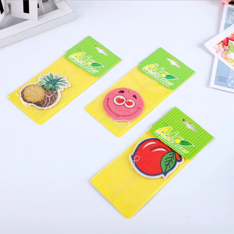 Free design eco friendly best selling car perfume custom fruit car air freshener with backing card package manufacture