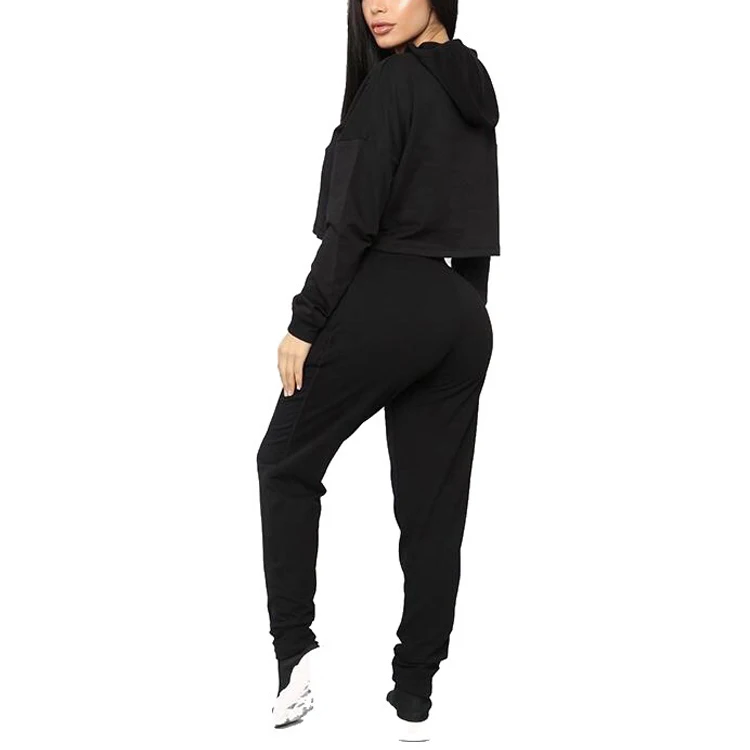 high quality fashion pullover cropped hoodie set solid color womens sweatshirt set