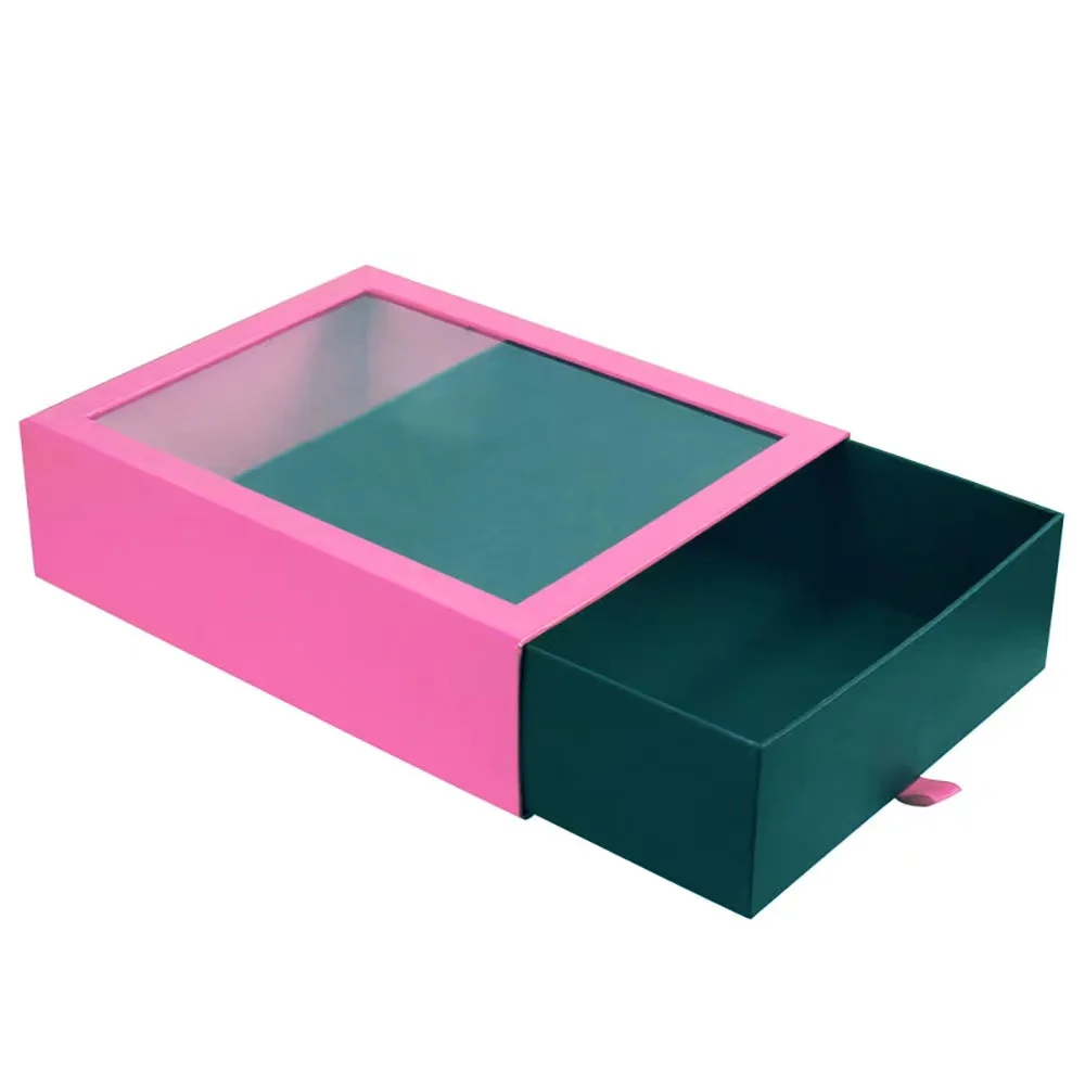 Customize Thin Rectangle Packaging Clear PVC Window Paper Boxes Slid Drawer Gift Package Box with Clear PVC Window Lid