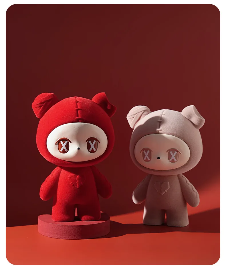 Two Cute Flocked Bear Figurines Red and Pink Tones Kawaii Style Modern Home Decor Living Room Desk Collectible Ornament Set