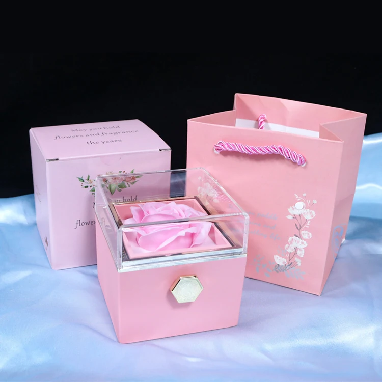 Valentines day gift 2023 premium exquisite rose flower jewelry rotating rose box