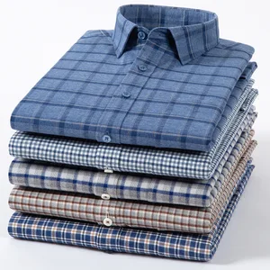 Business Casual Young Men's Long-Sleeved Shirt New Spring and Autumn Pure Cotton Wool Plaid Striped Fabric Breathable Twill