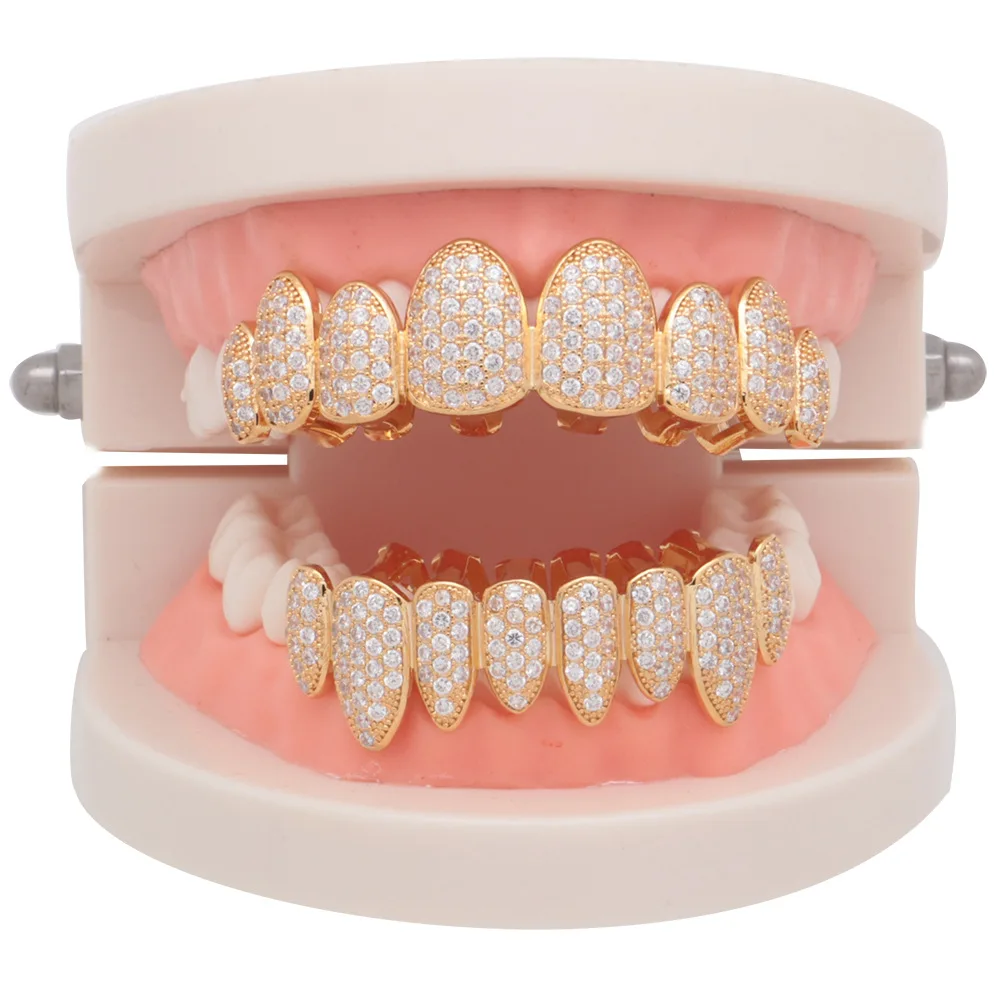 Eight Teeth Grillz Rapper Hip Hop Zircon Grillz Teeth 18K