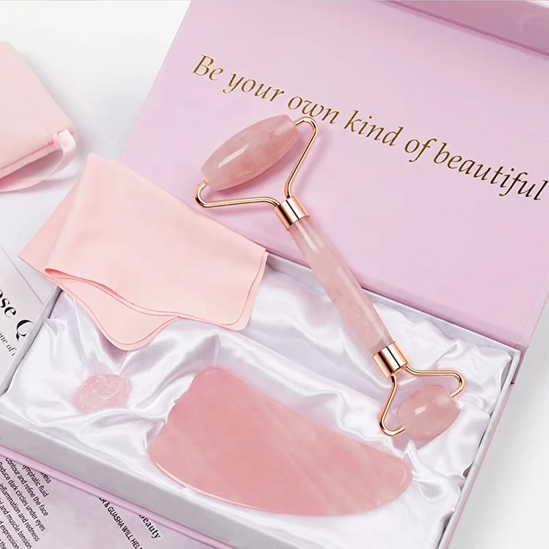 OEM Wholesale High Quality Private Label Beauty Gua Sha Set Natural Pink Rose Quartz and Jade Roller Made From Stone Material