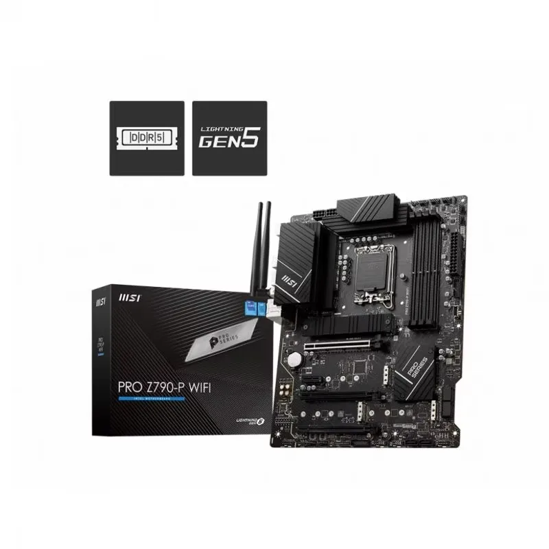 The MSI PRO Z790-P WiFi DDR5 motherboard supports 13th generation Intel processors and features 192GB LGA 1700 DDR5 RAM and a PCIe 5.0 M.2 slot.