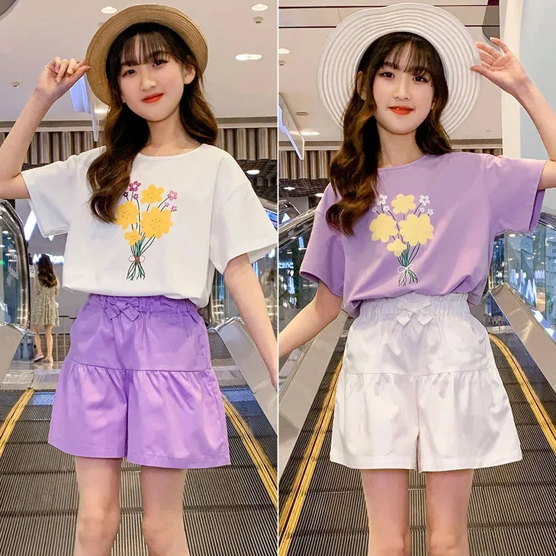 2024 Teenager Summer Girls Clothes Flower T Shirt Shorts Outfits Children 5 6