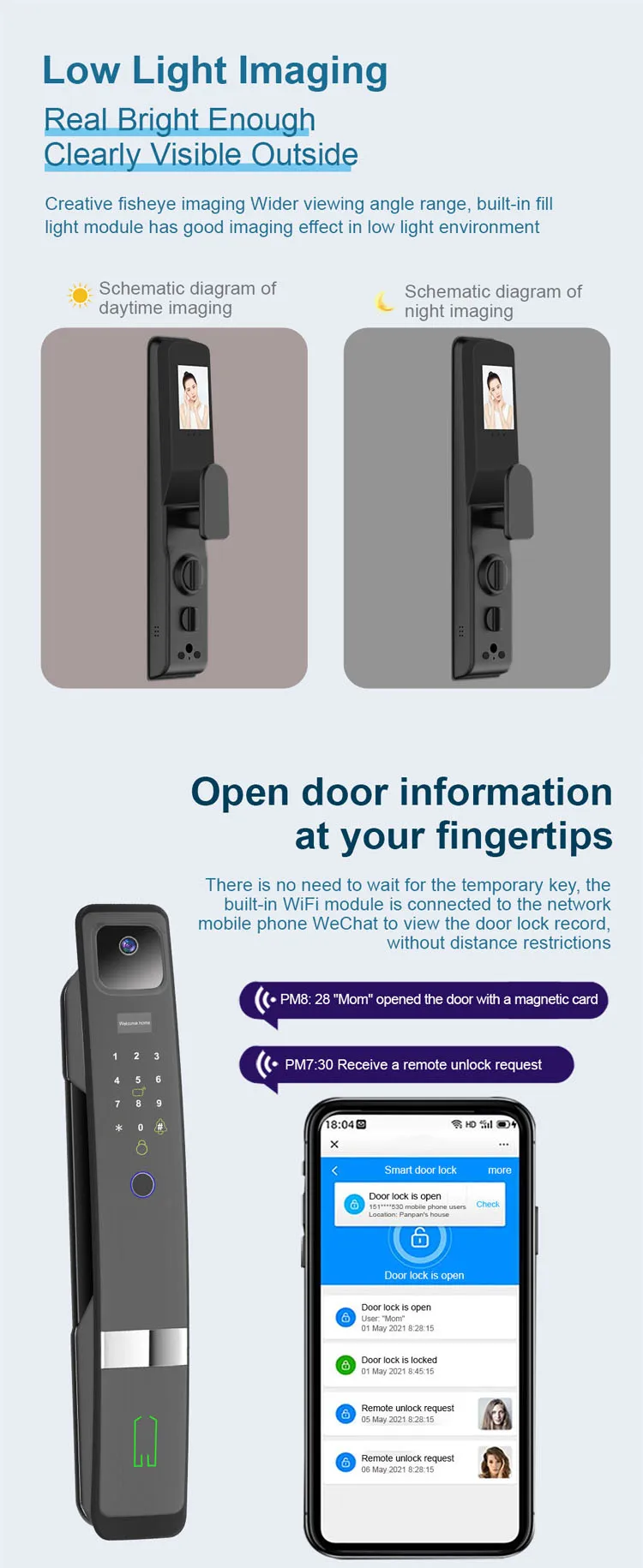 Tuya WiFi Remote Control Electronic 3D Face Recognition Smart Door Lock with Camera Screen Fingerprint and Peephole