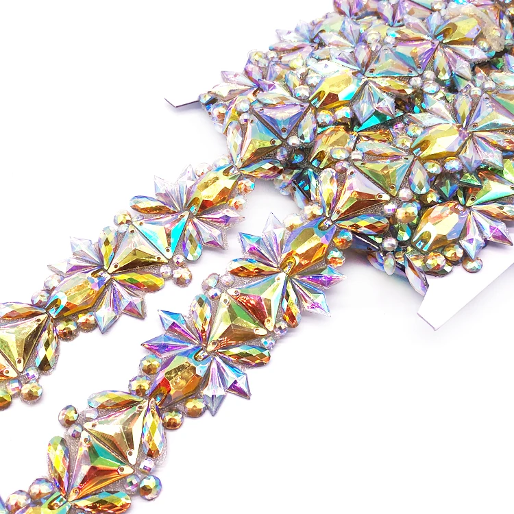 Multicolor Gel-back Iron on Trim Iridescent Hot Fix Rhinestone Trimming Applique for Carnival Kid Costume Design