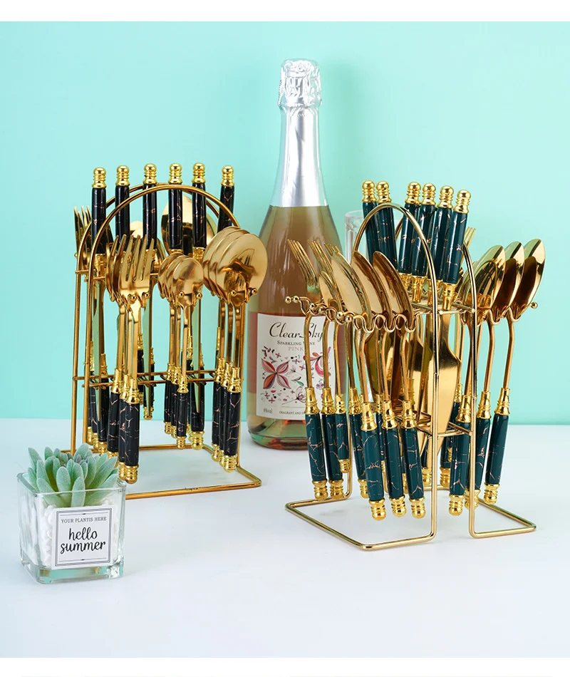 Light Luxury Stainless Steel Cutlery Ceramic Handle 24 Pcs Set Gift Box Gold Silverware Cutlery Set