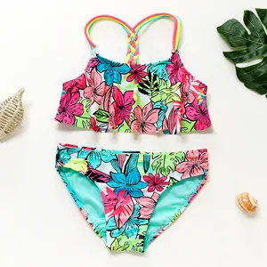 Girls Multicoloured Tropical Floral Print 2-Piece Swimsuit Braided Rope Sling Bustier with Letter Bikini Age Group Children