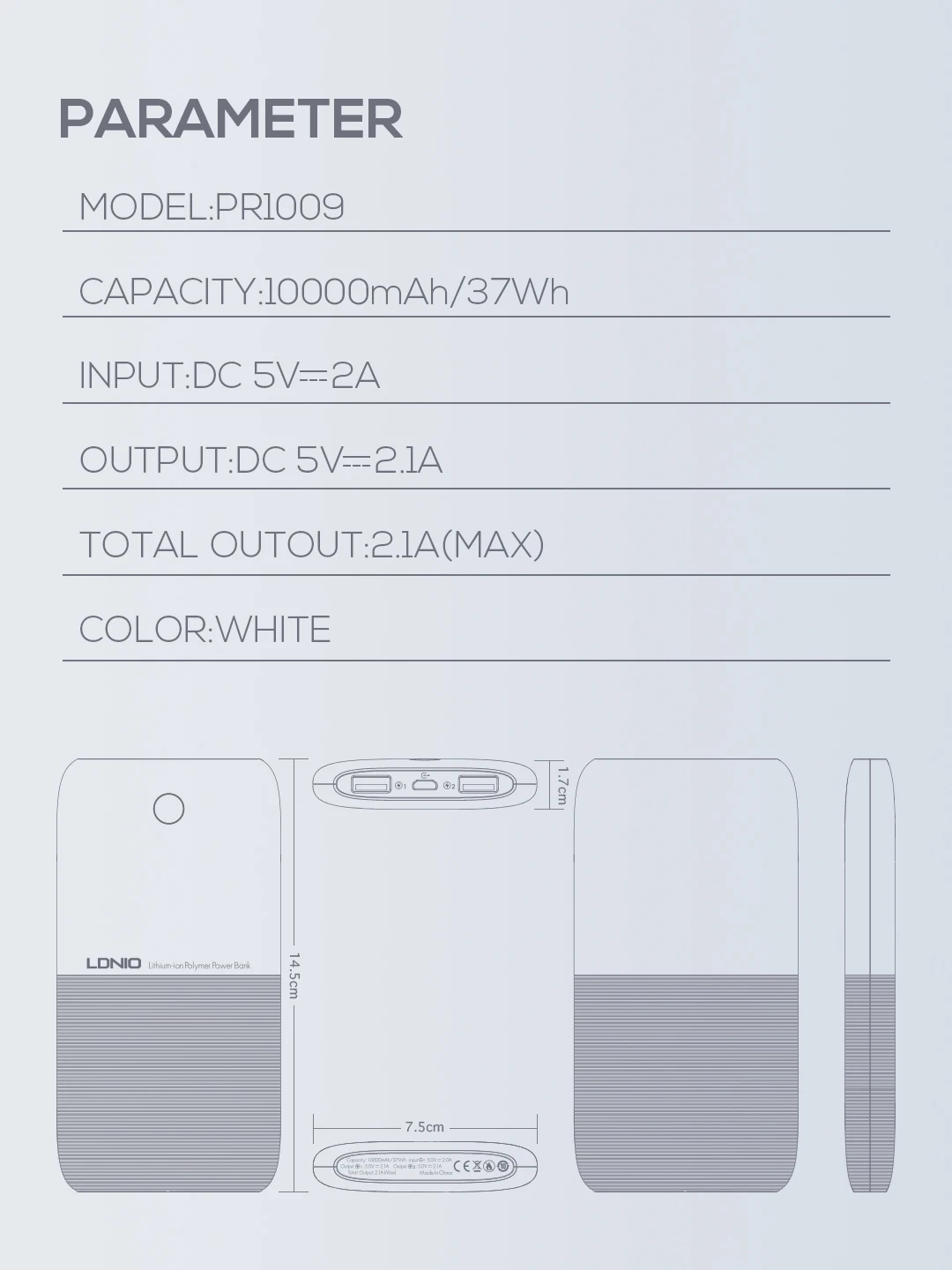LDNIO PR1009 Ultra-Thin Portable 10000 mAh Dual USB Power Bank description image 3