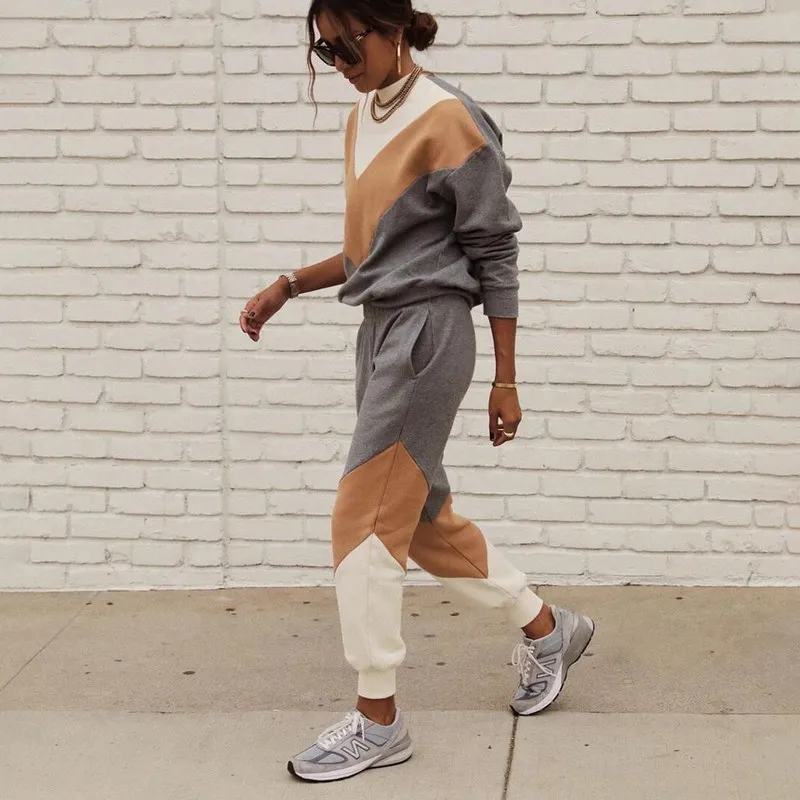 Women Tracksuit Set Stitching Color 