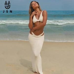 JSN 2026 New Design customized women's solid three piece bikini set with low waist swimdress sexy backless beachwear for ladies