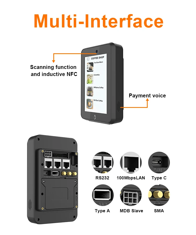 5 Inch Wall Mount QR Code Scanner Android 14 Touch Screen Payment Cosmetic Food Drink Machine MDB NFC Payment Terminal CM30