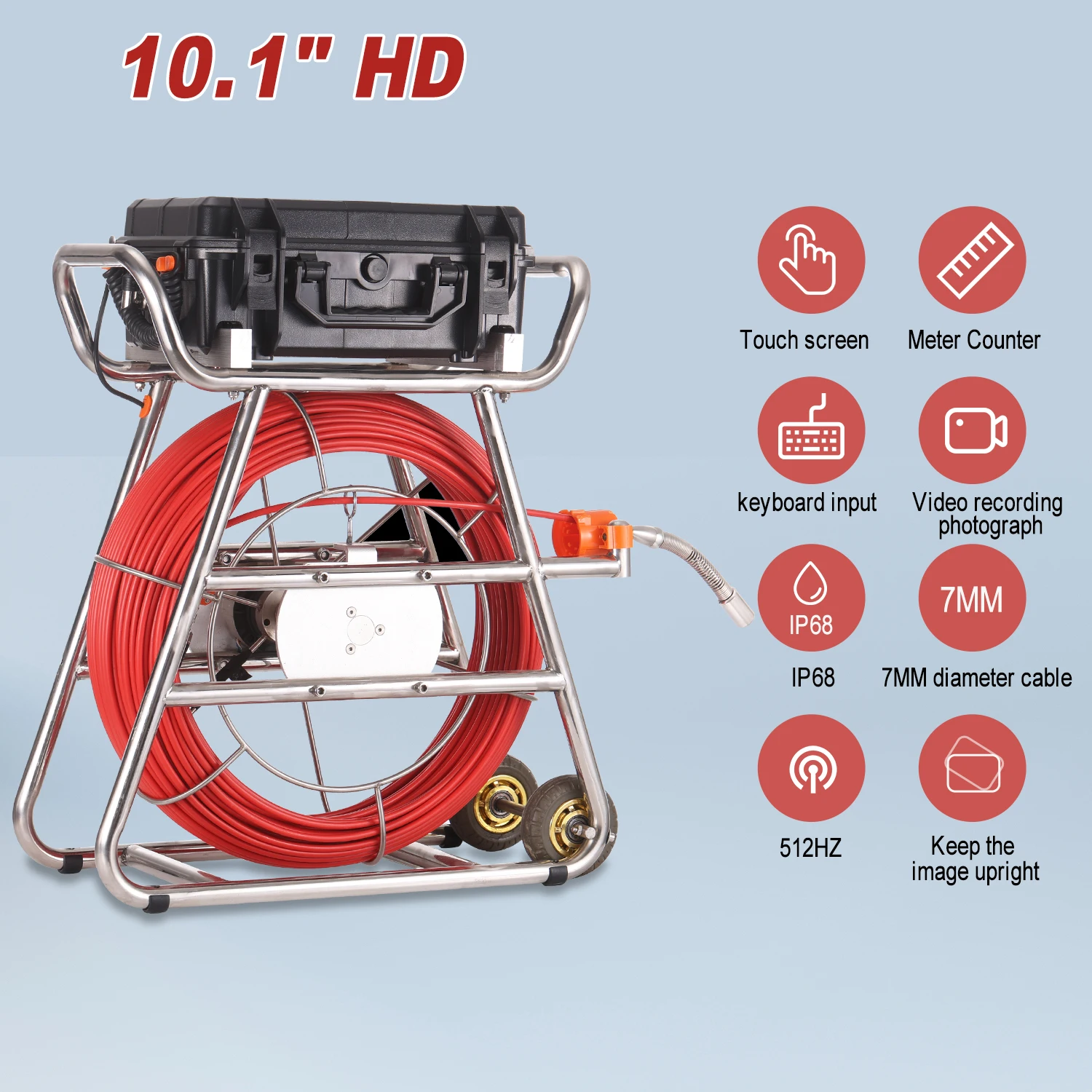 7MM 300FT Cable Pipe Camera 10.1inch1080P Touch Screen 512Hz Transmitter Self-leveling Sewer Video Camera Meter Counter Inspection Camera Pipe With Locator