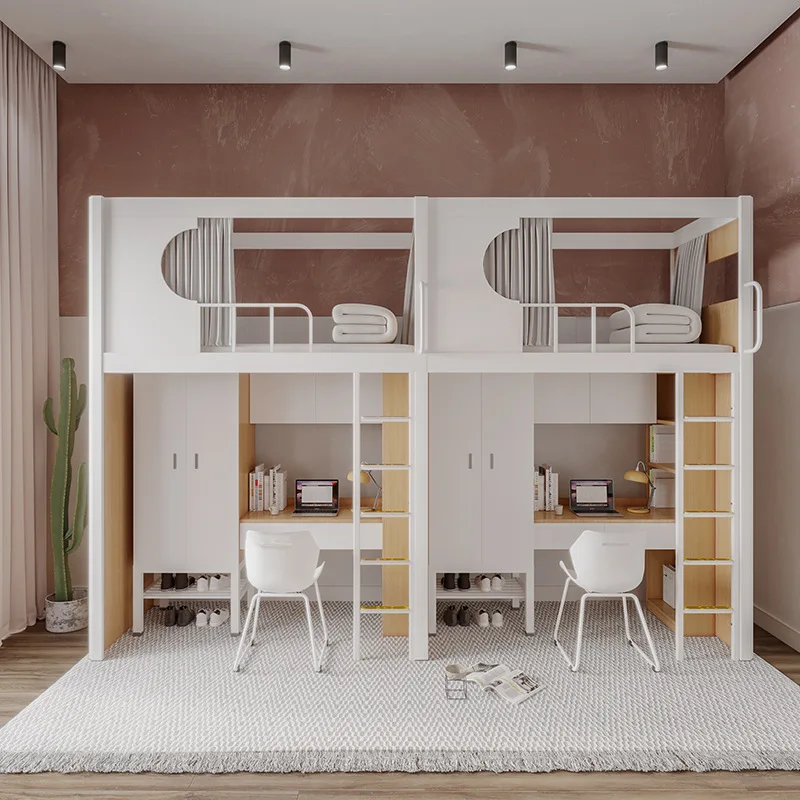 Modern Design College Dormitory Iron Frame Bunk Bed Upper Lower Table Loft Bed Metal Apartment Bed