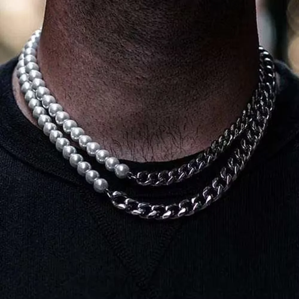 Pearl Necklace Men Half Pearl, Half Chain Elegance - Main Image