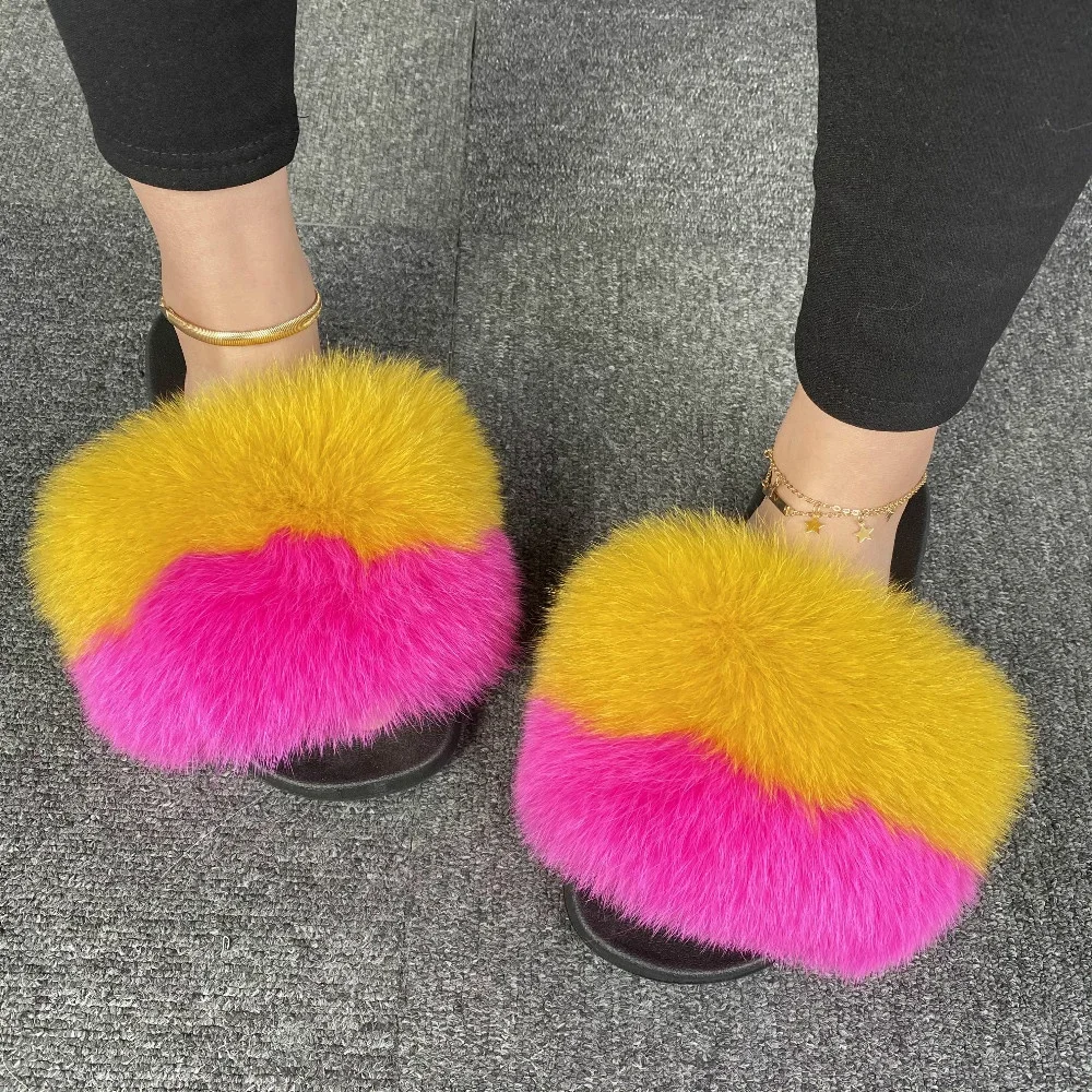 Лидер продаж, женские тапочки, обувь, пвх подошва, меховые сланцы, сандалии, красочные 100%, пушистые, лиса, енот, меховые тапочки для женщин