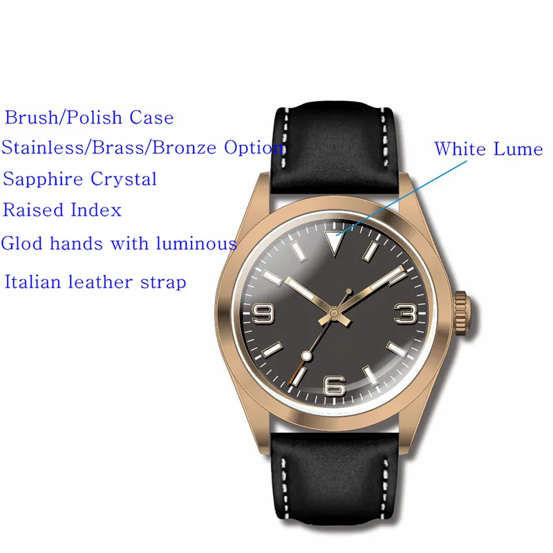 Bronze Watch case for Men with Domed Sapphire Crystal Japan Automatic Watches