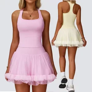 Bnice Women Custom Logo Tennis Wear Summer Tennis Bubble Skirt Halter Vest Built-in Short Dress for Golf & Fitness Sportswear