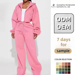 ODM Custom Workout Outfits Long Sleeve Zip up Crop Top Hoodie and Wide Leg Pants Women Custom Two Piece Tracksuits Set for Women